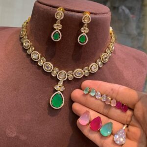 Premium green color kundan choker neclace with stud earring set