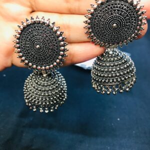 Metallic Grey Round Varnee Alloy Oxidized Jhumka Earring